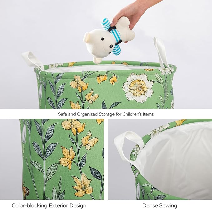 Sage Green Floral Laundry Basket With Handles Girls Butterfly Oxford Laundry Hamper Flower Plant Clothes Storage Bucket Organizer For Bathroom/Laundry/Bedroom (Floral, 43L)
