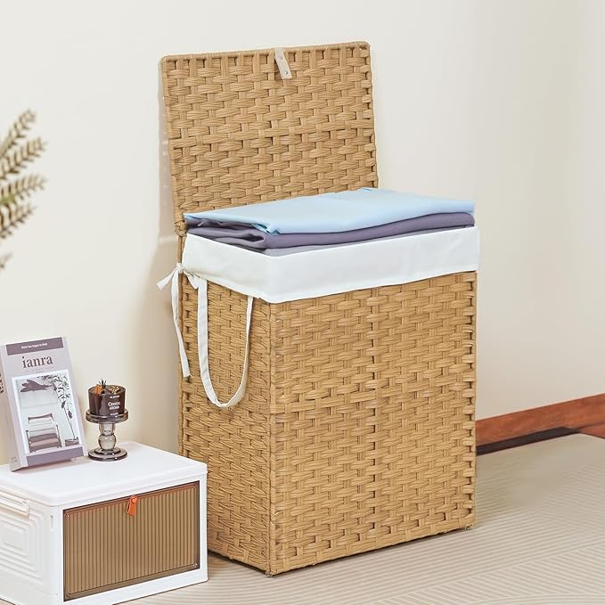 NEWBULIG Foldable Laundry Hamper with Lid, 23.8 Gallon (90L) Large Capacity Clothes Basket, Double Insert Storage Organizer Bin for Bedroom, Bathroom & Laundry Room, Yellow