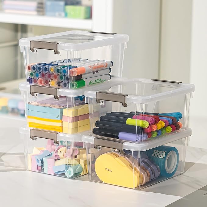 Citylife Small Storage Bins with Lids 3.2 QT- 8 Packs Plastic Storage Containers for Organizing Stackable Clear Storage Boxes,Clear White