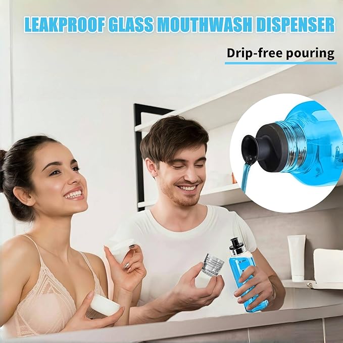 Glass Mouthwash Dispenser for Bathroom, 10.8oz Mouth Wash Container Bottle with Lid Cup, Refillable Glass Mouth Wash Decanter, Clear Mouth Wash Bottle for Countertop/6 Pcs Label-2 Pack