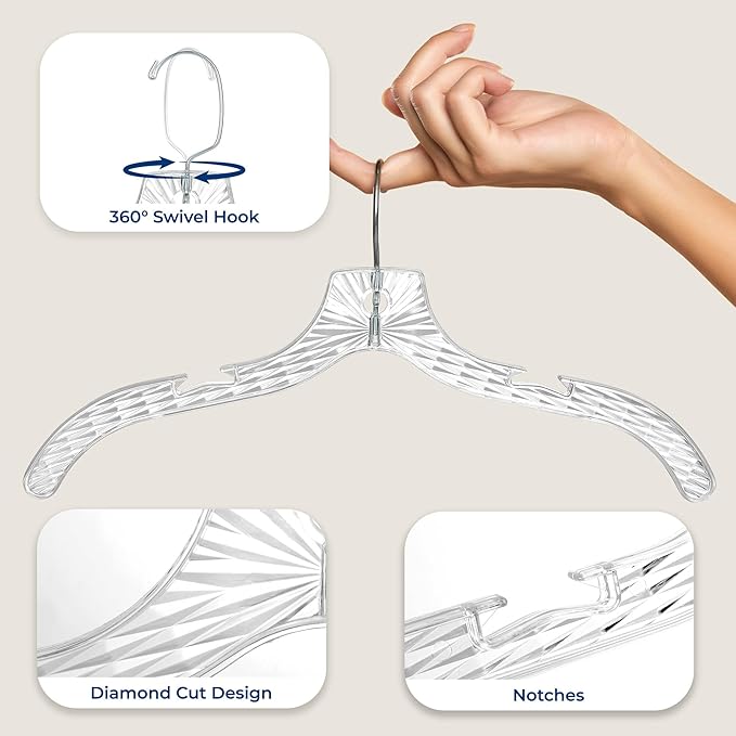 SereneLife 24 Pack Transparent Plastic Hangers, Crystal Clear, Non-Slip with Notched Shoulders, Ultra-Thin Space Saving, Closet & Retail Use, with Swivel Hook for Clothes, Shirts, Dresses, Jackets