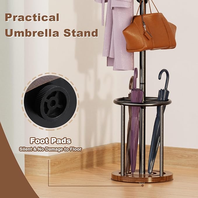 Coat Rack Freestanding, Coat Rack Stand with Umbrella Holder, Coat Tree, Coat Hanger Stand with 12 Hooks for Clothes Bag Hats, Hat Rack Hall Tree Coat Hanger Umbrella Stand for Entryway