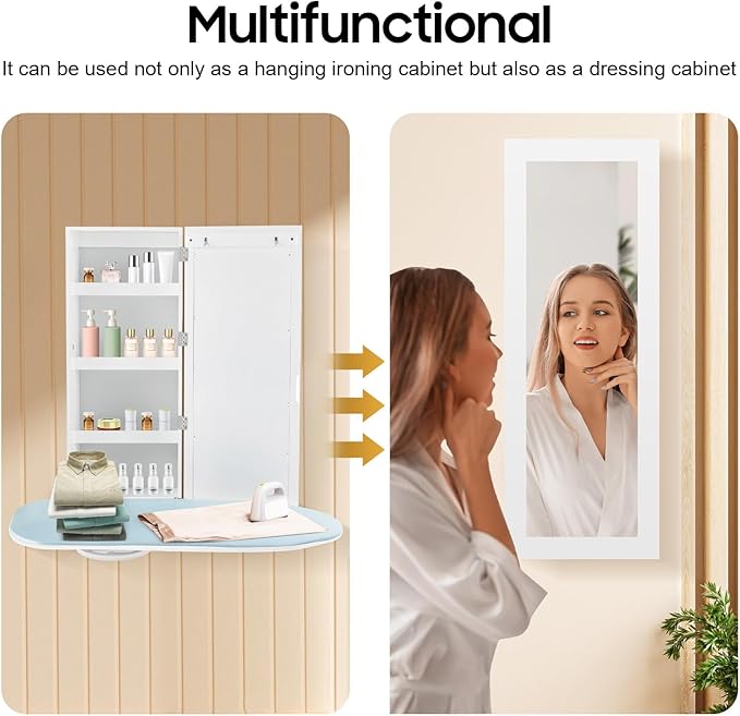 Wall Mounted Ironing Board Cabinet with Mirror, Built-in Swivel Ironing Board Foldable with Storage for Home Apartment Small Spaces (Style3 Rotatable)