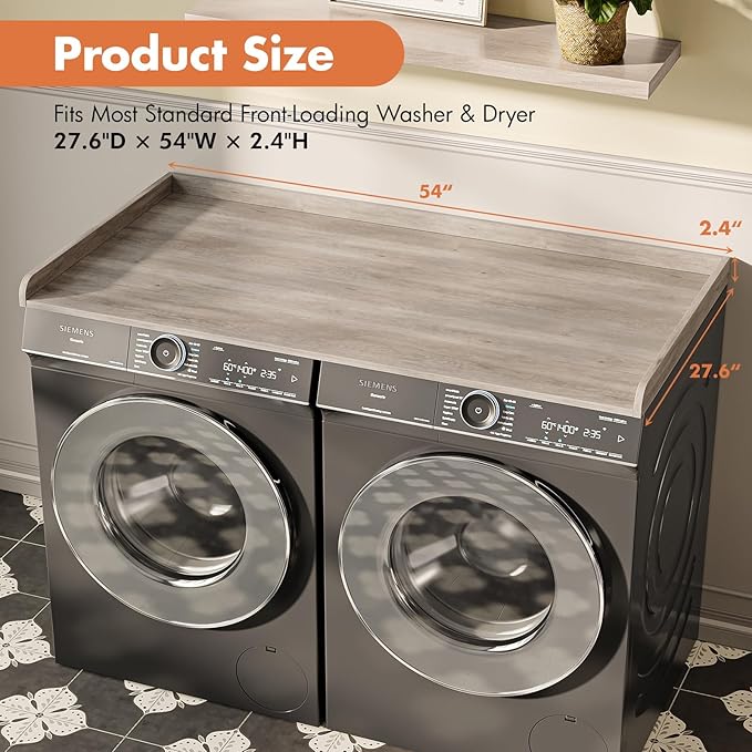 Premium Washer Dryer Countertop with Anti-Slip Pad, 54inch Laundry Room Organization Set, Stackable Storage Solution with Silicone Ironing Mat, Diatomite Mat(Gray)