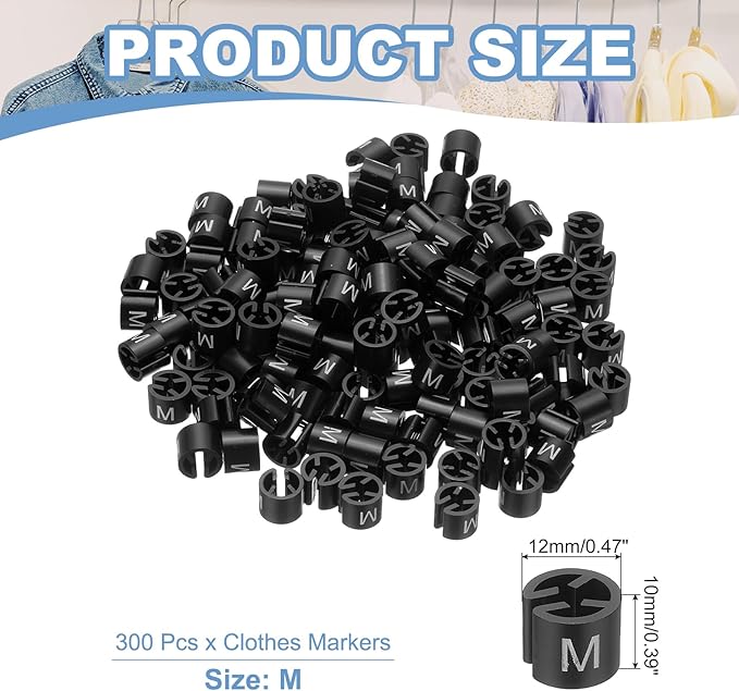PATIKIL 300 Pcs Clothes Hanger Markers M Fit Rod Garment Size Tag Hanger Clips Round Color Coding Label for Clothing, Black