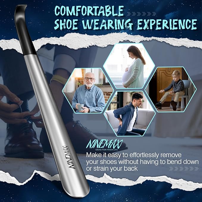 NINEMAX Shoe Horn Long Handle for Seniors Men Women, Metal Long Shoehorn Boot Horn, Stainless Steel Shoe Spoon Helper 16.5''(Pack of 2)