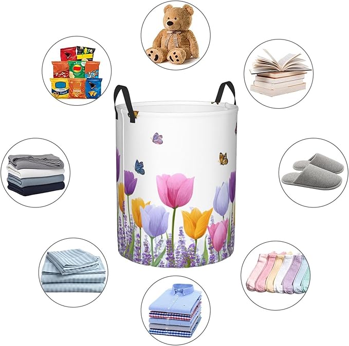 Floral Tulip Laundry Hamper, Collapsible Storage Basket with Handles for Clothes, Bedroom, Bathroom 19.6 x15.7 Inch