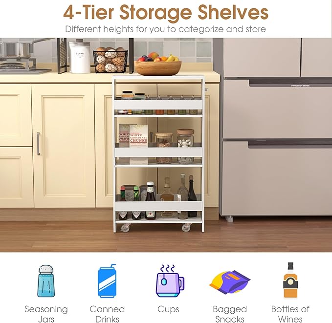 Giantex 4 Tier Rolling Slim Storage Cart, 8" Narrow Slide Out Kitchen Cart w/Handle & Open Shelves, Space-Saving Compact Mobile Utility Trolley for Small Space Laundry Room (White)