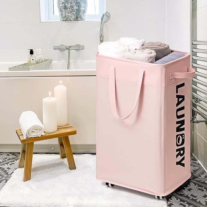 CHICVITA 2-Pack Laundry Hamper with Wheels, 75L Collapsible Laundry Basket with Removable Wash Bags, Pink Laundry Hamper for Corner Dorm, Rolling Laundry Basket on Wheels
