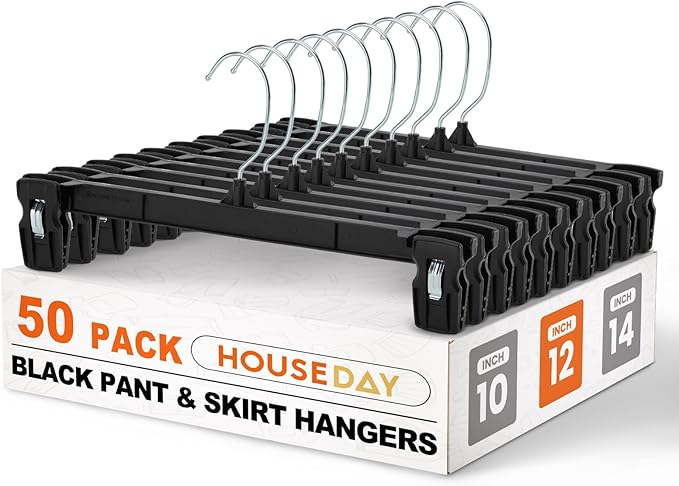 HOUSE DAY Black Pants Hangers 50 Pack, 12 Inch Skirt Hangers with Non-Slip Big Clips and 360° Swivel Hook, Heavy Duty Slim Plastic Pant Hanger, Space Saving Clip Hanger for Pants, Skirts, Shorts