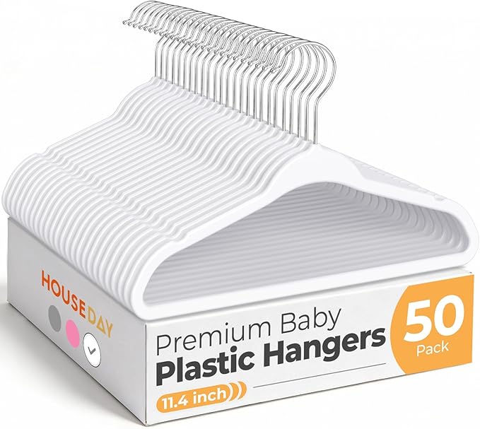 HOUSE DAY 11.4 Inch Baby Hangers 50 Pack - Plastic Kids Hangers Space Saving Thin Profile, Children Closet Organizers with Rotatable Hook of 360°, Heavy Duty for Toddler Clothes Nursery - White