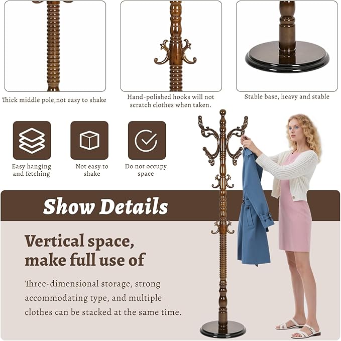 Wooden Coat Rack Freestanding with Resin Hooks, Adjustable Heavy Duty Stand for Hanging Coats, Bags, Hats, and Umbrellas in Living Room, Bedroom, Entryway (Walnut Color)