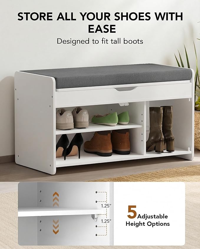 Amada Shoe Storage Bench with Cushioned Seat, 31.5" Small Entryway Bench with Lift Top Storage, Adjustable Shelves, 300 lb Capacity Shoe Bench for Entryway, Bedroom, Living Room, Classic White