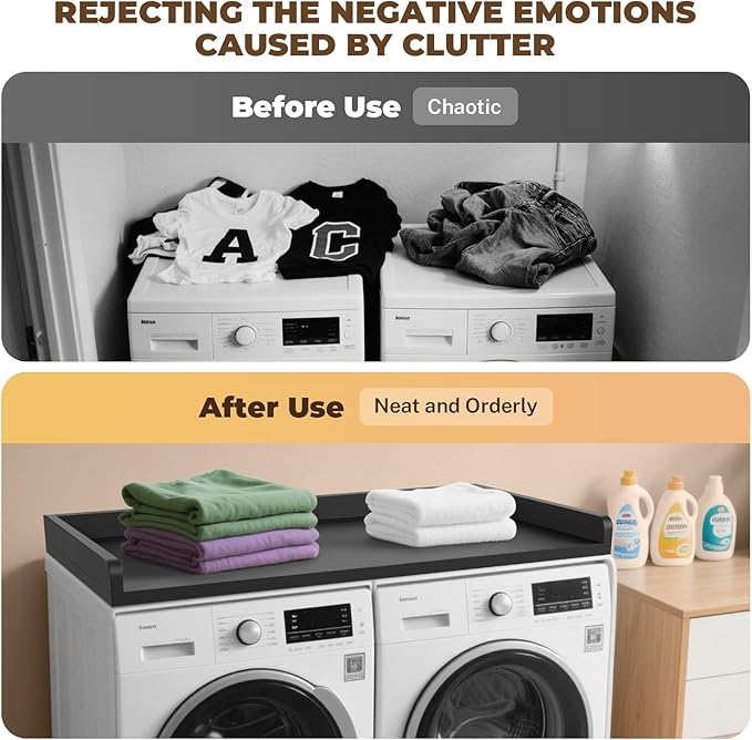 FAHKNS Washer Dryer Countertop - Wood Laundry Washer Dryer Topper with Anti-Slip Mat, 54" Width Waterproof Laundry Room Organization, Light & Save Space, Black