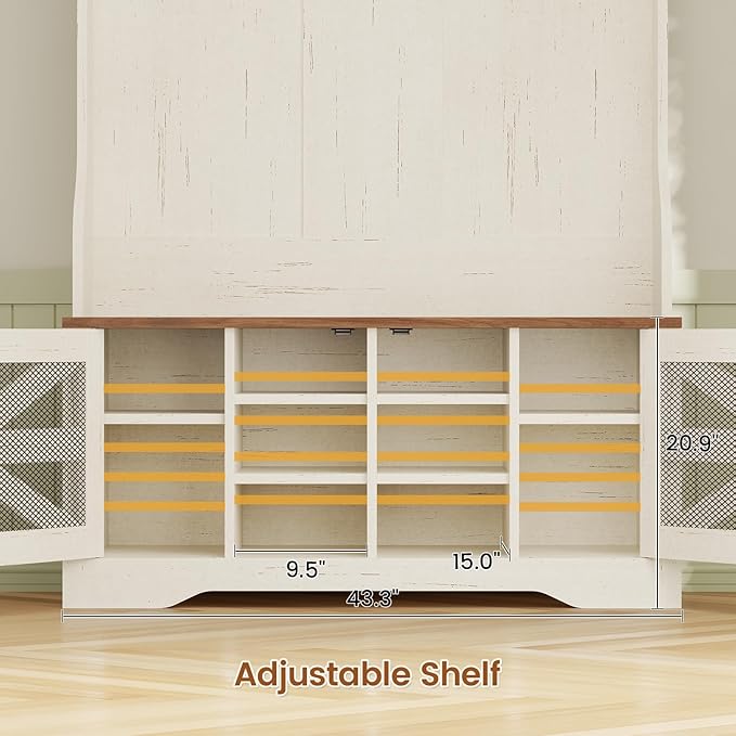 Itaar Hall Tree with Bench and Shoe Storage, 5-in-1 Entryway Bench with Coat Rack, 10 Shoe Cubbies & 9 Coat Hooks, Barn Door & Adjustable Shelf (White)