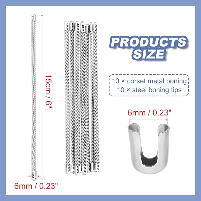 PATIKIL 10 Pcs 6 Inch 304 Stainless Steel Metal Steel Spiral Corset Boning, Metal Boning with 10pcs 6mm Boning Tips for Sewing Corset, Making Costume,Hoop Skirt, Collar (6mm Wide)