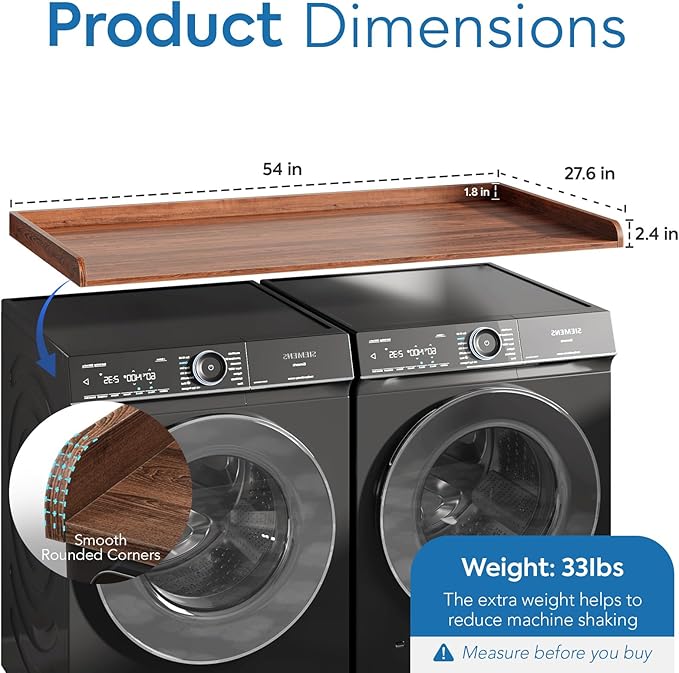 Washer and Dryer Countertop 54" x 27.5" with Heat-Resistant Ironing Mat, Laundry Room Folding Table for Front Load Machines, Non-Slip Pads Included, Scratch-Proof Laundry Topper, Walnut