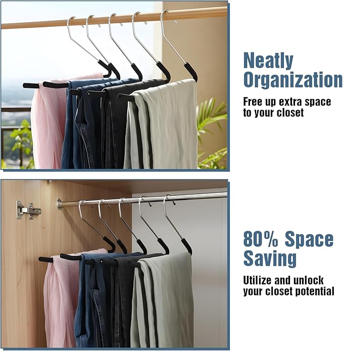 Open Ended Pants Hangers, 10 Pack Non-Slip Sponge Padded Pants Hanger Heavy Duty Metal Clothes Hangers Closet Space Saving No Crease for Jeans, Trousers, Slacks, Towels