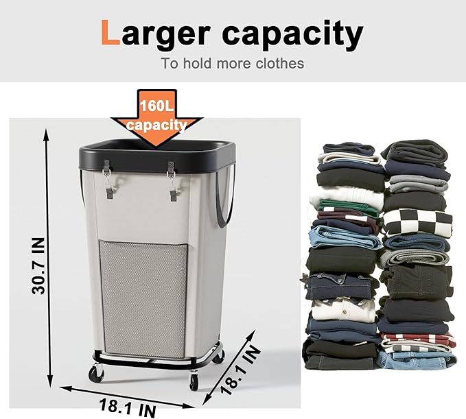 Laundry Hamper Laundry Basket with Wheels, Large Capacity Dirty Clothes Basket with Wheels, Suitable for Bedrooms, Bathrooms and Laundry Rooms (Milky, 160L)