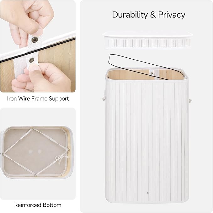 StorageWorks Laundry Hamper with Lid, Foldable Bamboo Laundry Basket, Clothes Hamper with Handles, Organizer and Storage for Laundry Room, Bedroom, Dorm, White