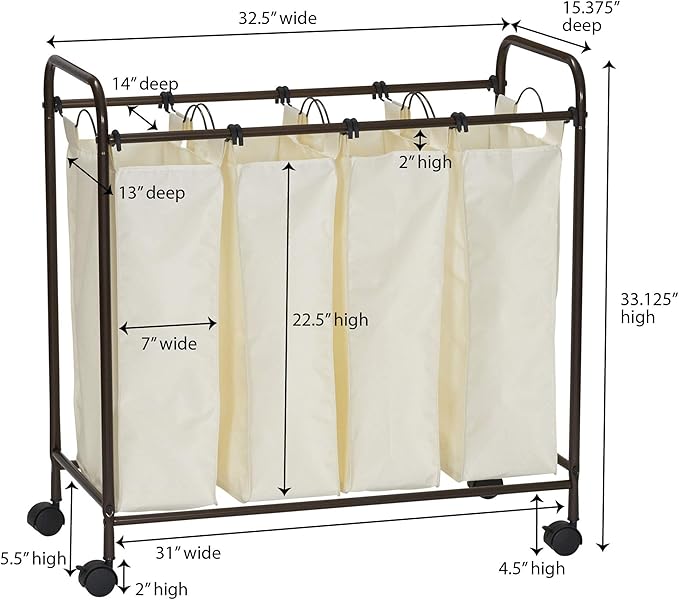 Household Essentials 7173 Rolling Quad Laundry Sorter with Removable Hamper Bags | Antique Bronze Frame