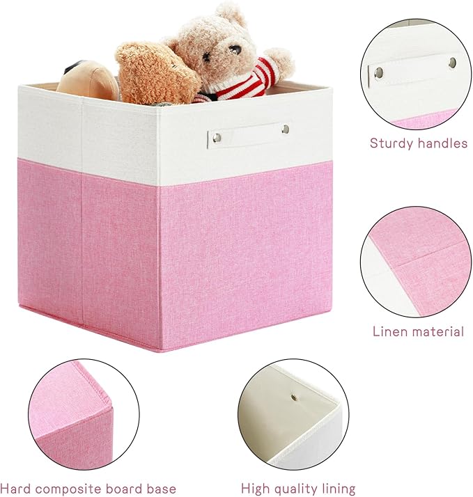 13 x 13 Inch Fine Linen Storage Bins with Handles，Fabric Cube Boxs，Basket Organizers for Shelves for Home, Closet Drawers (White/Pink-6 Pack)