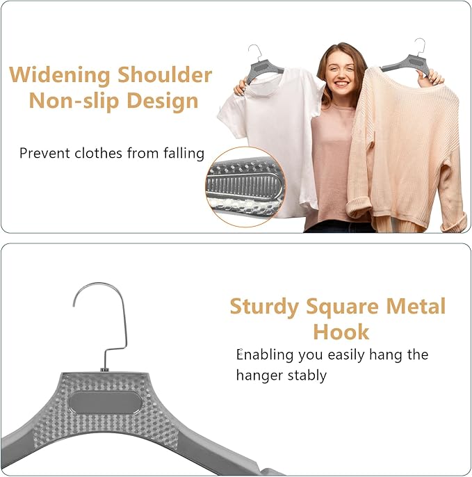 DEDU Suit Hangers for Men 20 Pack, Sweater Hangers No Shoulder Bump Non Slip Width 17.7", Plastic Clothes Hangers Silver Gray with Metal Hook
