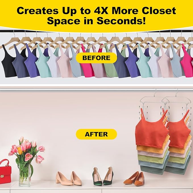 2 Pack Tank Top Hanger Space Saving, 6 Tier Metal Bra Hangers with 24 Hanging Hooks, 360° Rotating Closet Organizers and Storage, Small Space Solutions, RV Apartment College Dorm Room Essentials