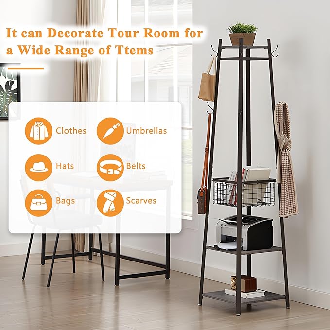 VECELO Coat Rack Freestanding,Hall Tree with Metal Basket and Storage Shelves,Industrial Coat Rack Stand with 8 Hooks for Hanging Coats/Hats/Bags/Umbrellas,18 x 18 x 72 In,Antique Brown