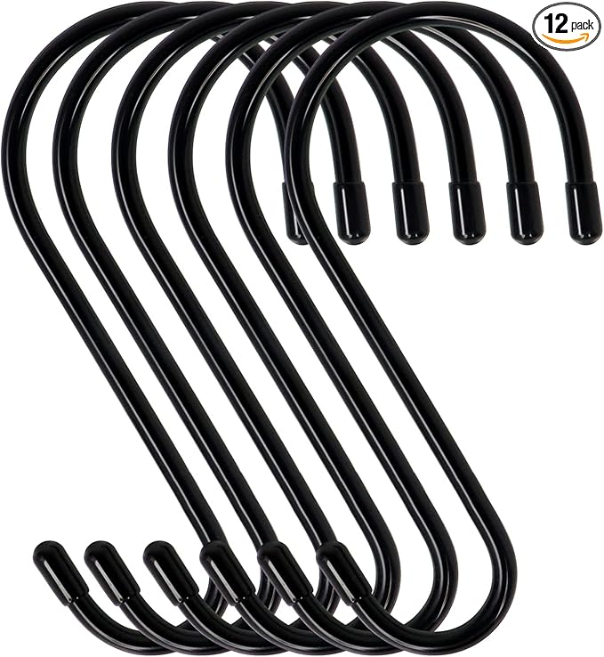 6 Pack Large S Hooks, Rubber Coated, Heavy Duty Non Slip, Black Vinyl Coated Closet S Hooks for Hanging Plants, Jeans, Pot, Pan, Garden, Bird Feeders