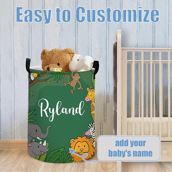 Personalized Baby Boys Laundry Basket with Name, Custom Name Safari Animals Laundry Hamper for Girls Adults, Customize Baby Dirty Clothes Basket with Name and Handles