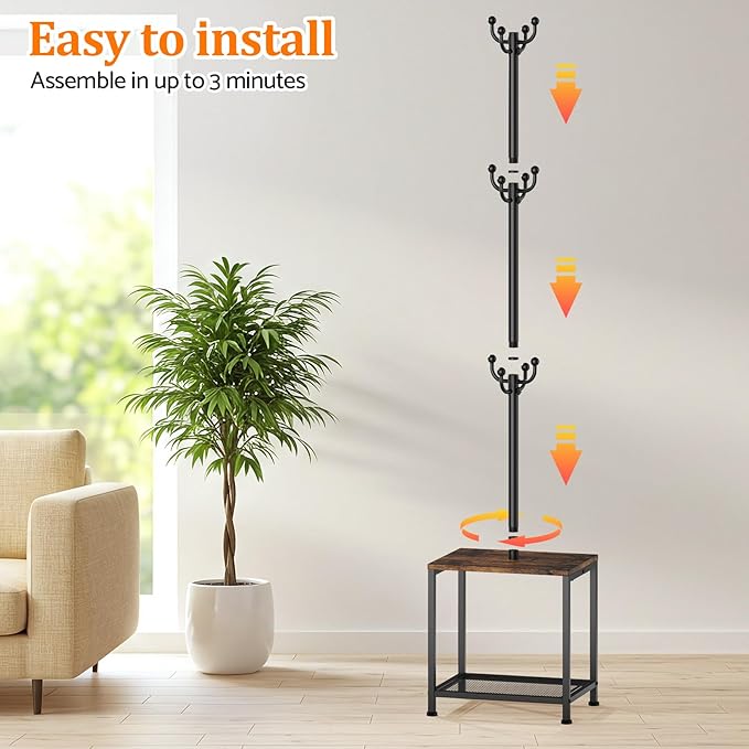 Coat Rack Freestanding, Hat Rack Hall Tree with Bench and Shoe Storage, 3-in-1 Coat Hanger Purse Rack Bag Rack Coat Tree Clothes Tree, Vintage Entryway Corner Coat Rack with Shoe Storage