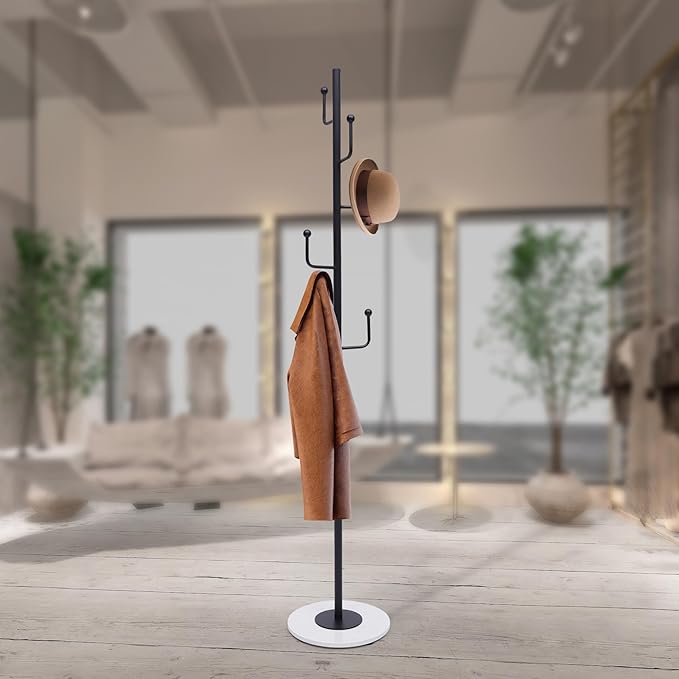 67" Heavy Duty Retail Garment Rack Coat, Bag and Hat Display for Home or Boutique Clothing Stores, Metal Stand Marble Base with 6 Hooks, Floor Standing Clothes Rack Organizer Storage Rack