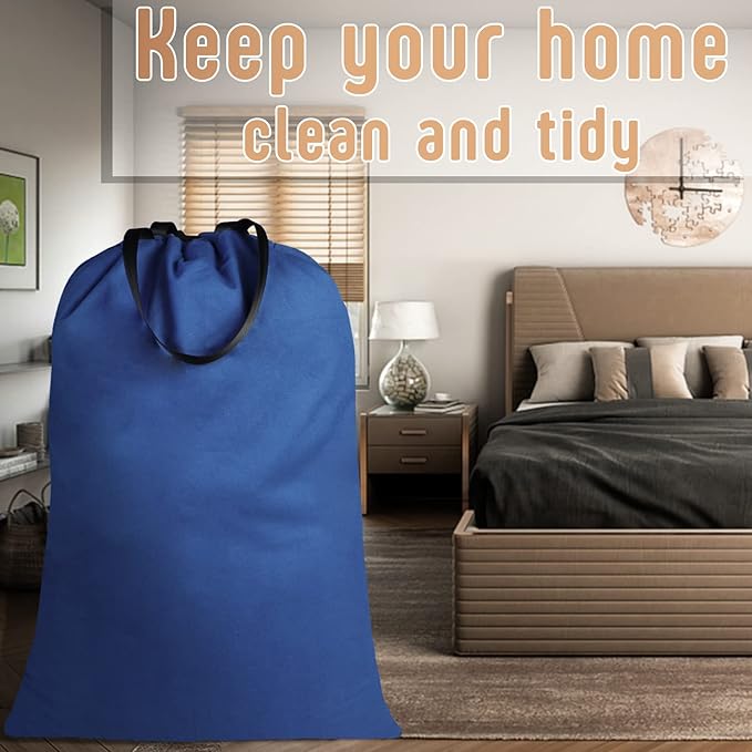 Sanlykate Large Canvas Cotton Laundry Bag with Drawstring & Handles, Heavy Duty Durable Dirty Clothes Organizer, Tear Resistant Hamper Liner Storage Bag, Travel Sack, 25.5 x 34inch - Cyanotic