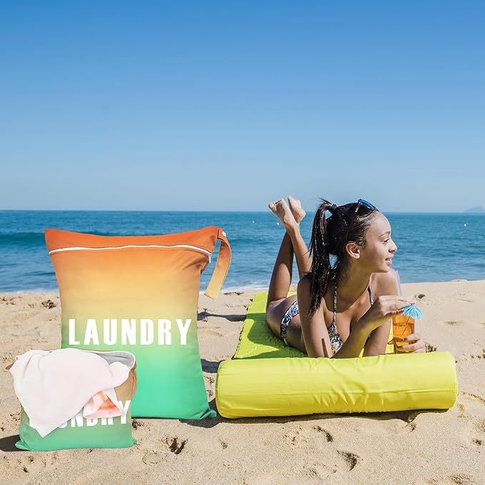 2 Pcs Large Travel Laundry Bag - Waterproof Wet Dry Bag for Gym, Swimming, Yoga - Washable Dirty Clothes and Bathing Suit Workout Bag (Green+Orange)
