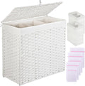 Greenstell Laundry Hamper with Lid, 125L Large Clothes Hamper with 3 Section & 2 Section Removable Liner Bags & 5 Mesh Laundry Bags, Handwoven Synthetic Rattan Divided Laundry Basket, White