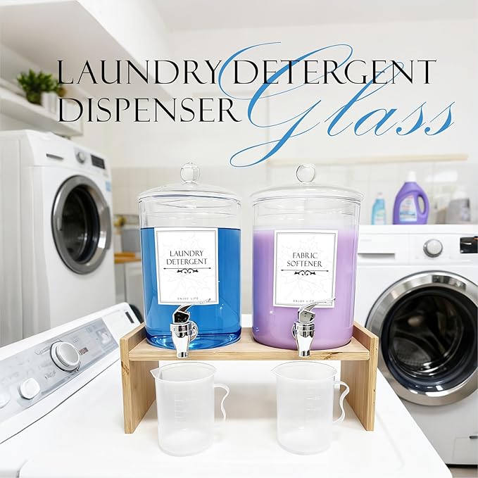 Glass Laundry Detergent Dispenser 2 Pack Soap Cloth Softener Dispenser with Bamboo Stand Measuring Cup Spigots Label Laundry Room Bathroom Countertop Glass Dispenser Set for Fabric Care Large Capacity