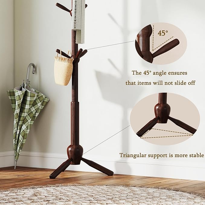 Solid Wood Coat Rack Stand, Vintage Heavy Duty Coat Hanger Stand with 9 Hooks, 3 Adjustable Size Sturdy Coat Tree for Living Room, Entryway, Office, Hallway, Brown