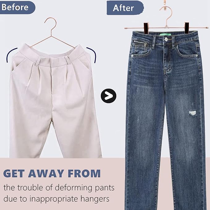 13.8" Rose Gold Pants Clothes Hangers, 10 Pack Trouser Hangers with Clips Metal Trouser Clip Hangers,Heavy Duty Metal Wire Adjustable Clips Bottom Trousers Legging Organizer