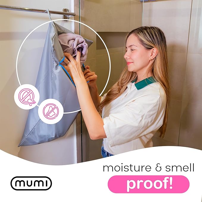 MUMI Travel Laundry Bag – Moisture & Smell-Proof Clothes Bag with Folding Hanger & Outer Pouch | Large Laundry Storage Bag for Suitcase, Gym & Packing | Dirty Clothes Organizer (Blue)