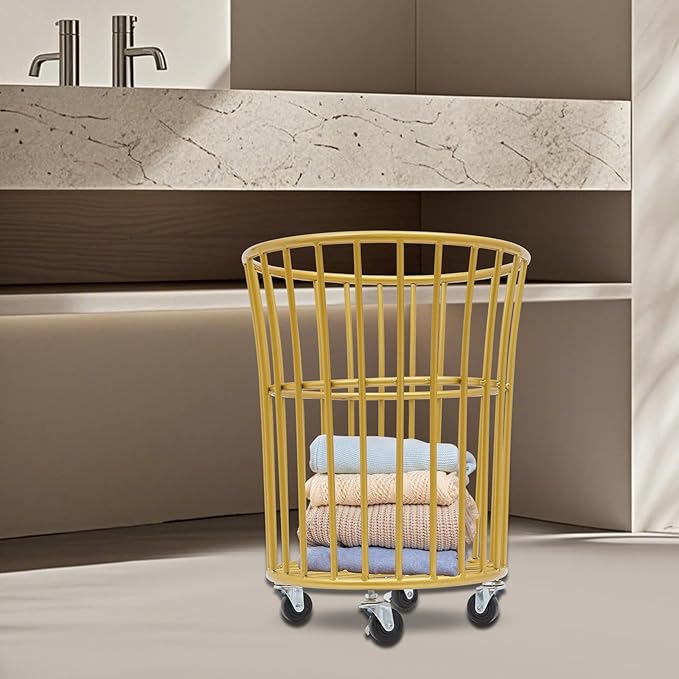 Metal Laundry Basket, Rolling Laundry Hamper with Wheels, Round Mesh Iron Basket Storage Clothes Organizer with Locking Casters for Laundry Room Bathroom Bedroom Closet Dorm (Gold)