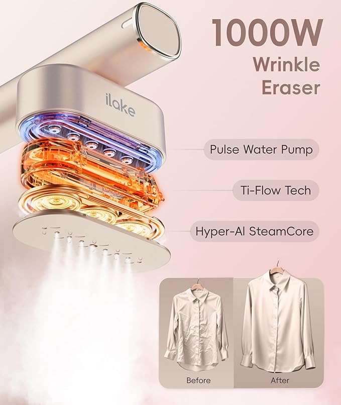 Steamer for Clothes, 1000W Portable Garment Steamer Travel Size, 100-240V Dual Voltage, 120ml Tank Handheld Steam & Iron 2 in 1, for Home, Business, Global & Europe Traveling, Rose Gold