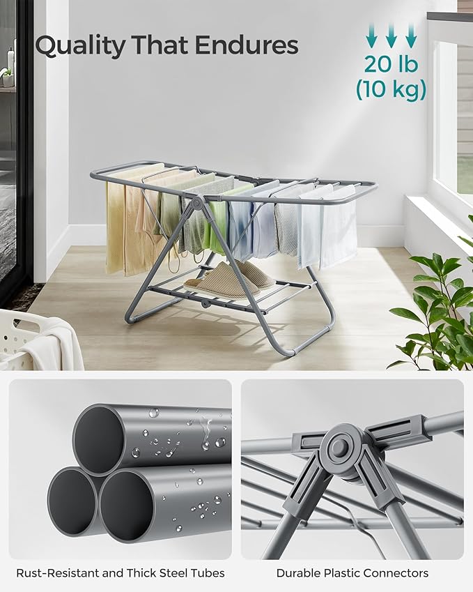 SONGMICS Small Clothes Drying Rack, Foldable 2-Level Laundry Drying Rack, Space-Saving, for Small Clothes, Towels, Bathroom, Balcony, 17.3 x 39.8 x 19.7 Inches, Dove Gray ULLR504G01