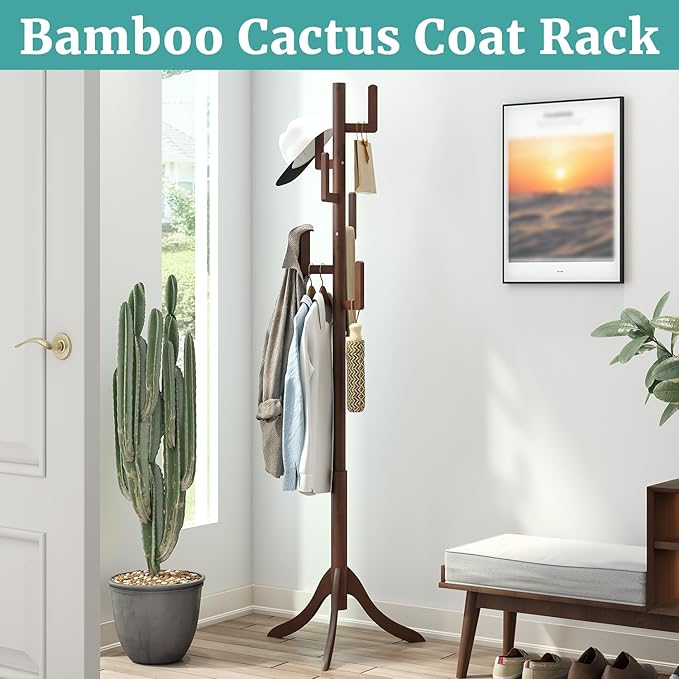 Coat Rack Freestanding, Bamboo Cactus Coat Stand, Adjustable Height Wooden Coat Tree with 6 Hooks, kids coat rack, Used In The Bedroom Living Room, Office To Hang Clothes, Hats, Bags