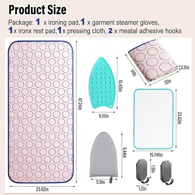 Portable Ironing Mat Thick Heat-Resistant Anti-Slip Ironing Blanket Pad for Table Top, Over The Door Hanging Steamer Board & Dryer Washer Protector, Ideal for Travel, Home, Small Space (47.2"x23.6")