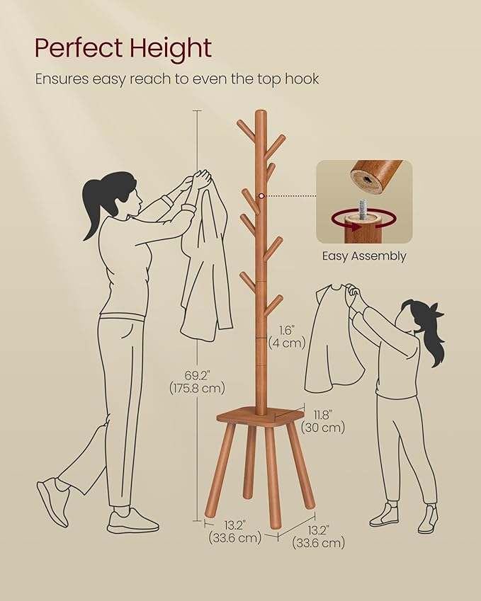 VASAGLE Coat Rack, Free Standing Coat Stand, Hall Coat Tree with 8 Hooks and Storage Shelf, 69.2 Inch Tall, for Coats, Hats, Bags, for Entryway, Hallway, Bedroom, Caramel Brown URCR033K01