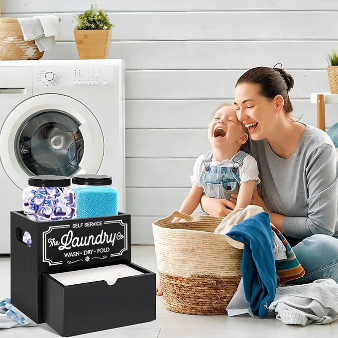 Laundry Pods Container, 7.8 x 5.1 x 6.7 Inches Wooden Dryer Sheet Container, Rustic Containers Storage Box, 2-Tier Storage Box with Drawer for Dryer Sheets and Pods (Black)