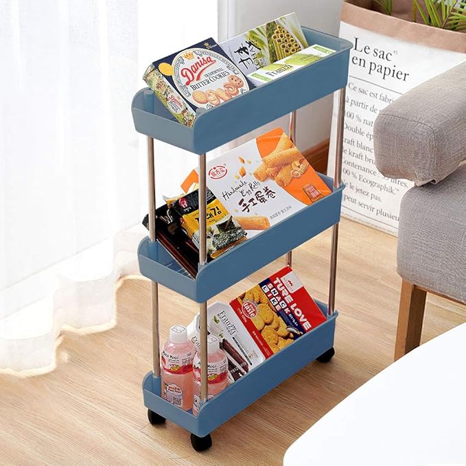Melody House 3-Tier Slim Mobile Shelving Unit on Wheels, Slide Out Rolling Bathroom Storage Organizer, Utility Carts Shelf Rack for Kitchen Bathroom Laundry Room Narrow Places, Navy Blue