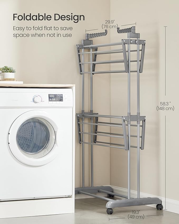 SONGMICS Clothes Drying Rack 3-Tier, Foldable Laundry Drying Rack 58.3-Inch Tall, Stainless Steel, Rolling Clothes Horses, Clothes Airer, Indoor Outdoor Use, Dove Gray ULLR702G01