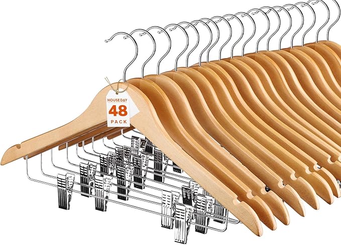 HOUSE DAY Wooden Hangers with Clips 48 Pack,Wooden Suit Hangers Skirt Hangers Solid Wood Pants Hangers Natural Smooth Finish Wood Hangers with Durable Metal Clips for Blouse, Dress, Coat, Jacket